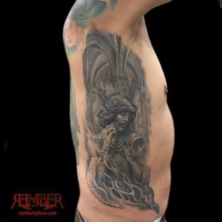 Tattoos - Surrealistic black and grey portrait on ribs - 111529
